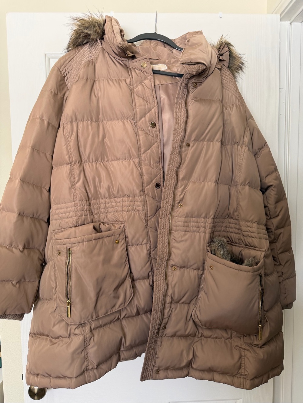 Michael by Michael Kors Mauve-Taupe Quilted Puffer Coat with Faux Fur Hood